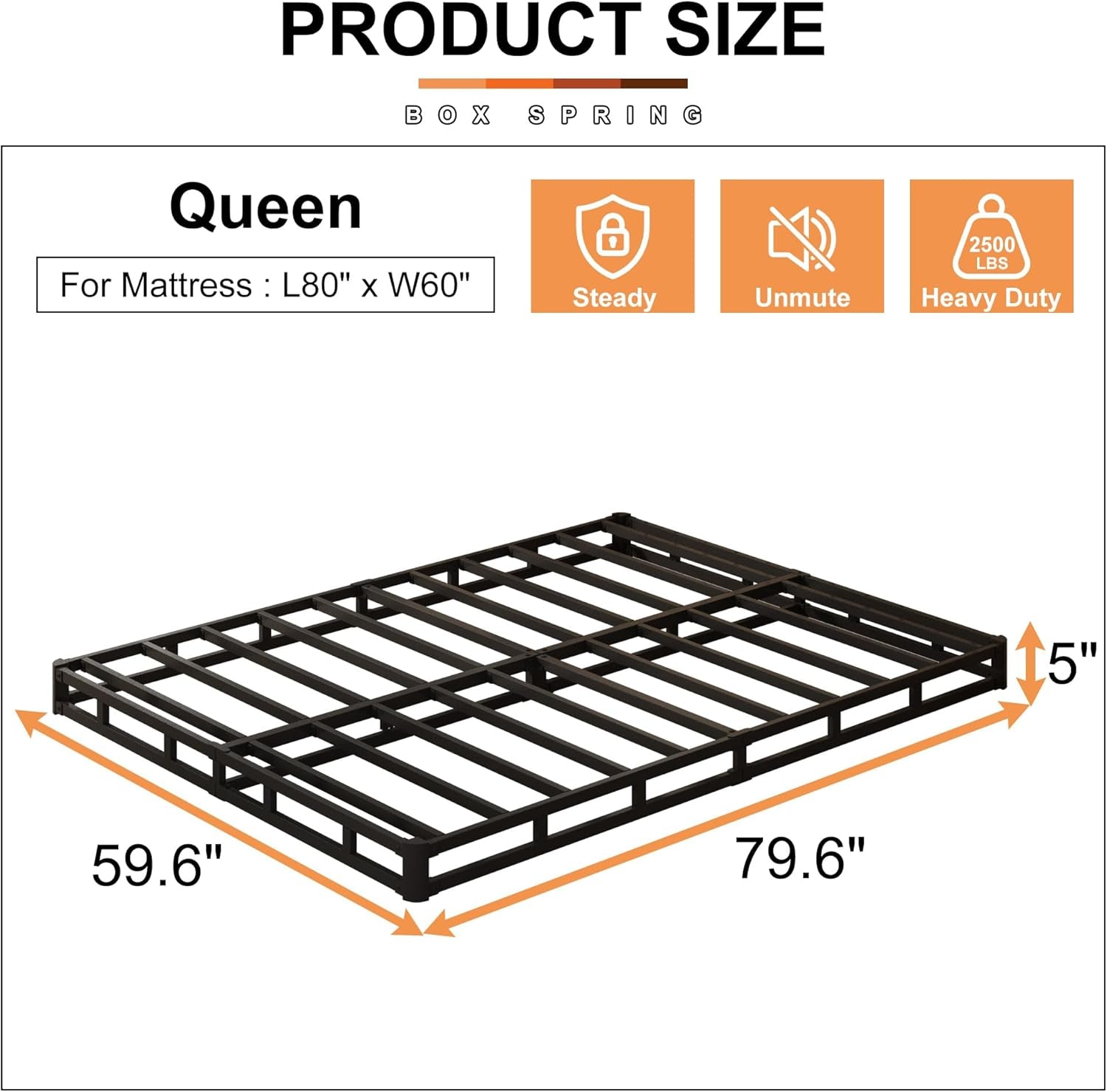 5 Inch Box Spring Queen Size Bed Base, Heavy Duty Metal Queen Mattress Foundation with Fabric Cover, Easy Assembly