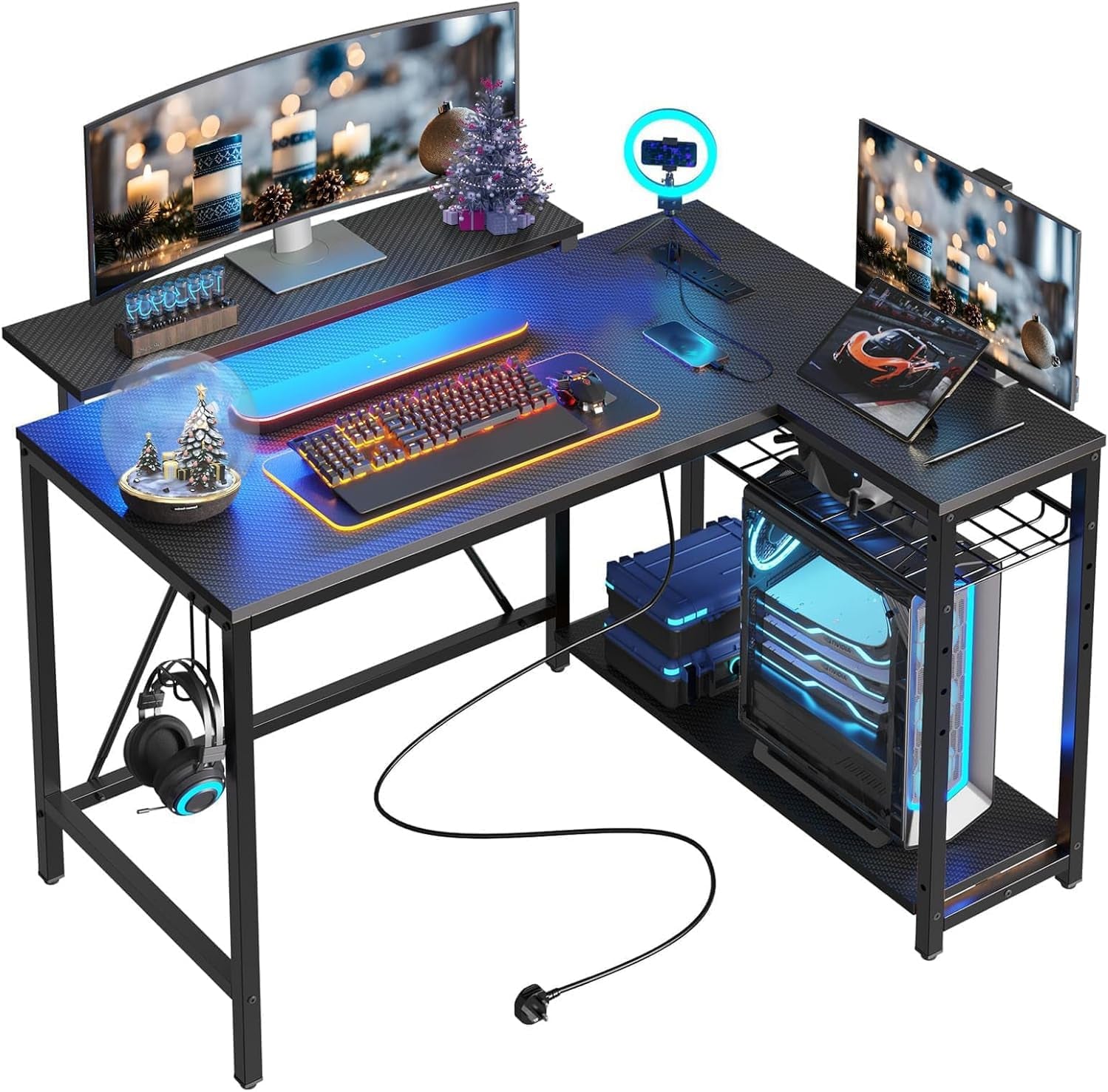 Gaming Desk with Power Outlets, 42" L-Shaped Computer Desk with LED Lights, Desk with Reversible Storage Shelves & Hooks for Small Spaces, Bedrooms & Offices, Black Carbon Fiber