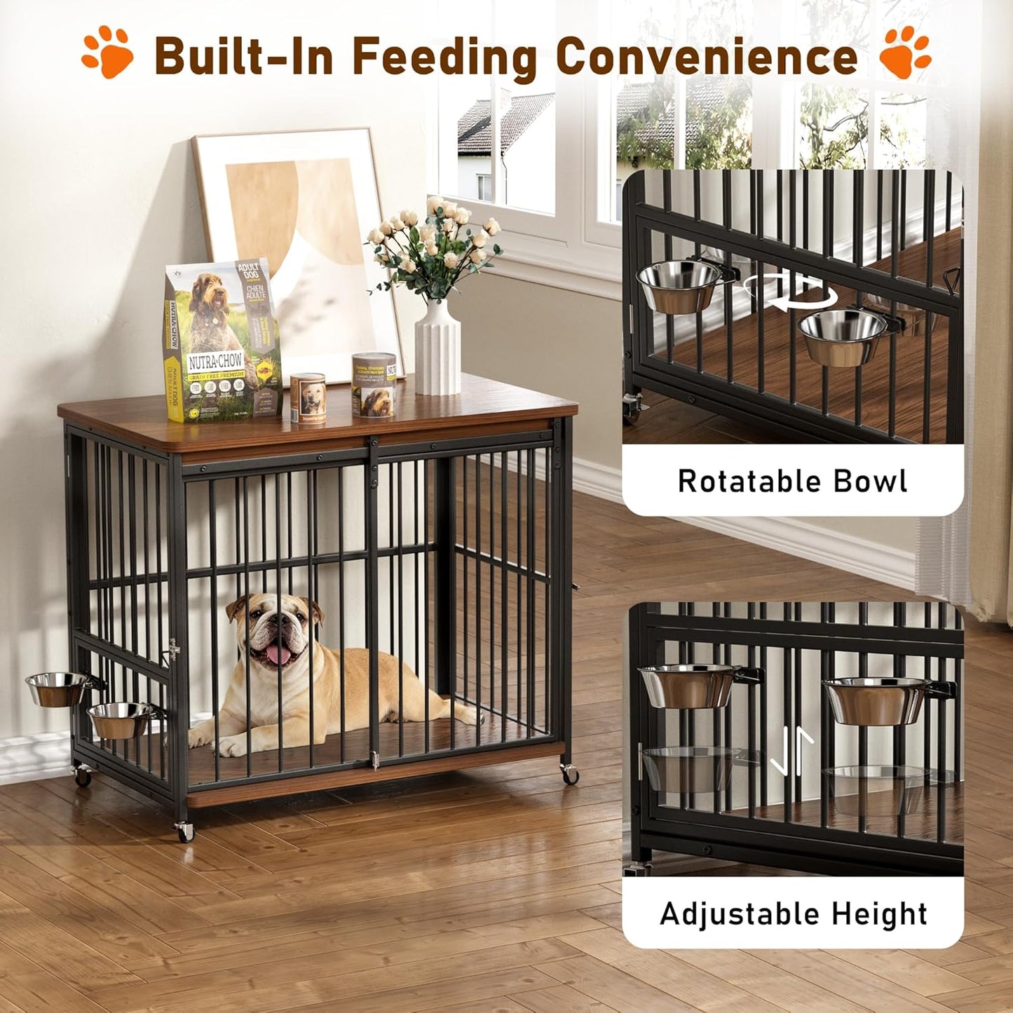 Dog Crate Furniture, 32’’ Wooden Dog Kennel Indoor with Sliding Front Door, Multi-Side Openings & Feeding Window Pet Cage House as TV Stand, End Table for Medium Dogs