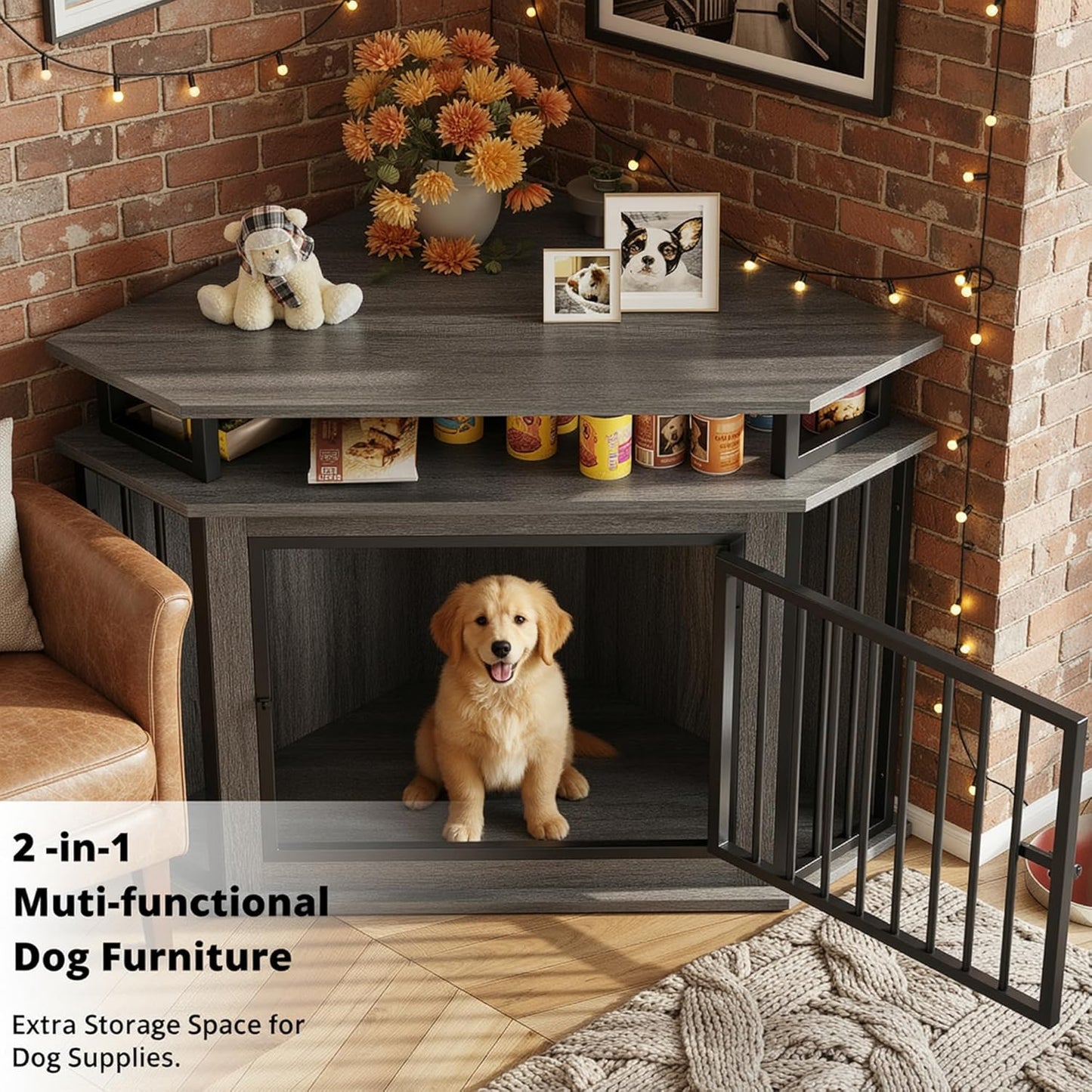 43.3" Corner Dog Crate with 2-Tier Shelves, Wooden Dog Kennel Furniture for TV Stand, Dog Cage Indoor for Small and Medium Dogs, Gray (23.6" L X 43.3" W X 32" H)