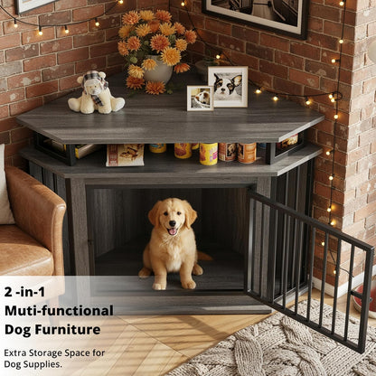 43.3" Corner Dog Crate with 2-Tier Shelves, Wooden Dog Kennel Furniture for TV Stand, Dog Cage Indoor for Small and Medium Dogs, Gray (23.6" L X 43.3" W X 32" H)