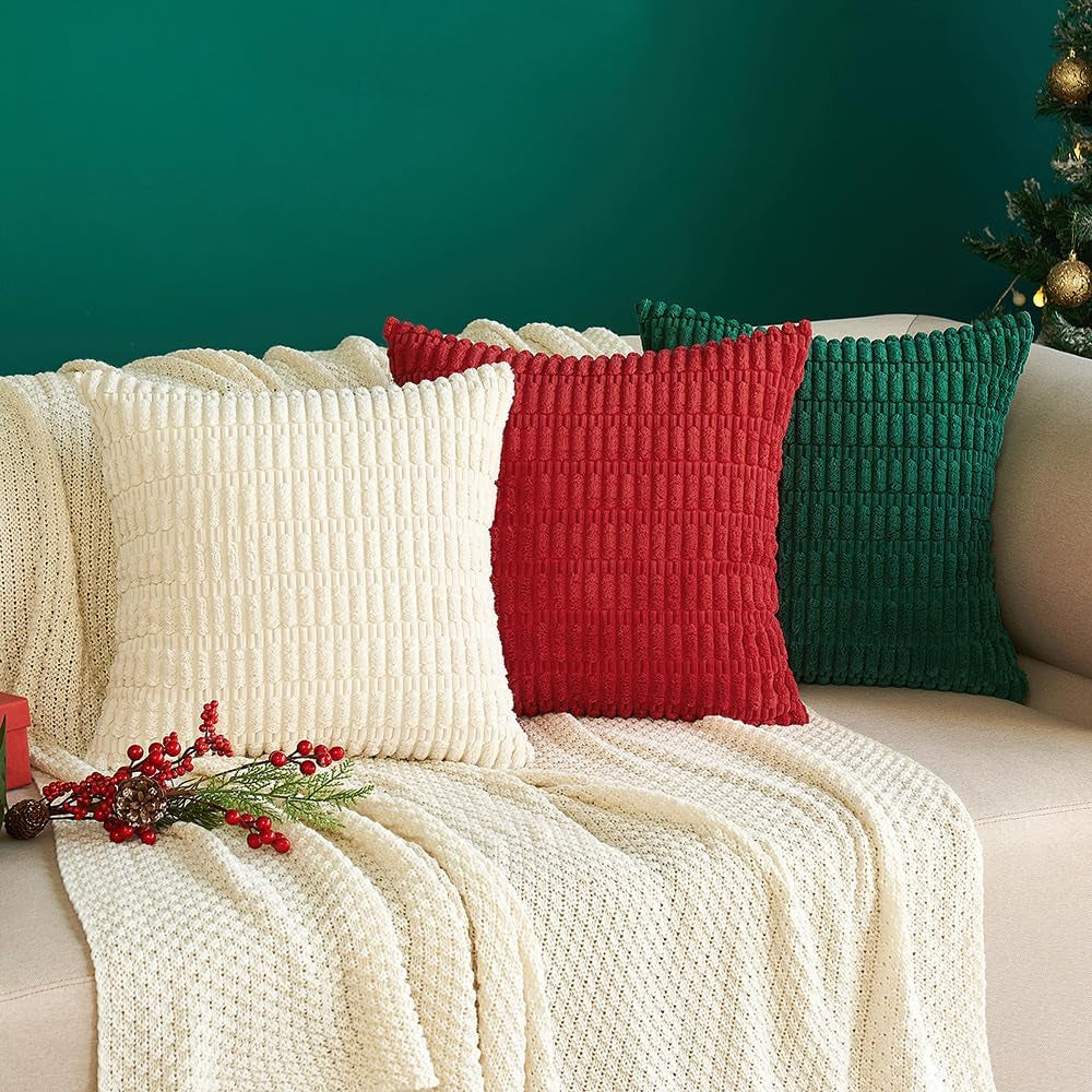 Pack of 2 Corduroy Decorative Throw Pillow Covers 18X18 Inch Soft Boho Striped Pillow Covers Modern Farmhouse Home Decor for Sofa Living Room Couch Bed Cream White