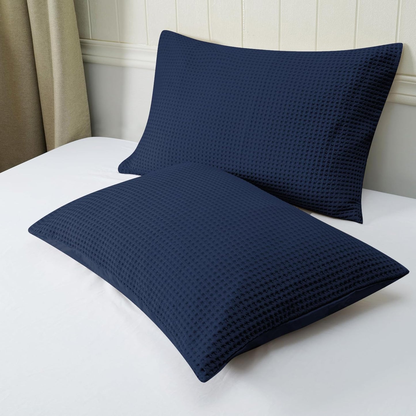 Waffle Weave Pillowcases King Size 2 Pack, 100% Egyptian Cotton 600 Thread Count, Ultra Soft Pillow Shams with Envelope Closure, Breathable Skin-Friendly Pillow Case, Navy Blue, 20X36 Inches