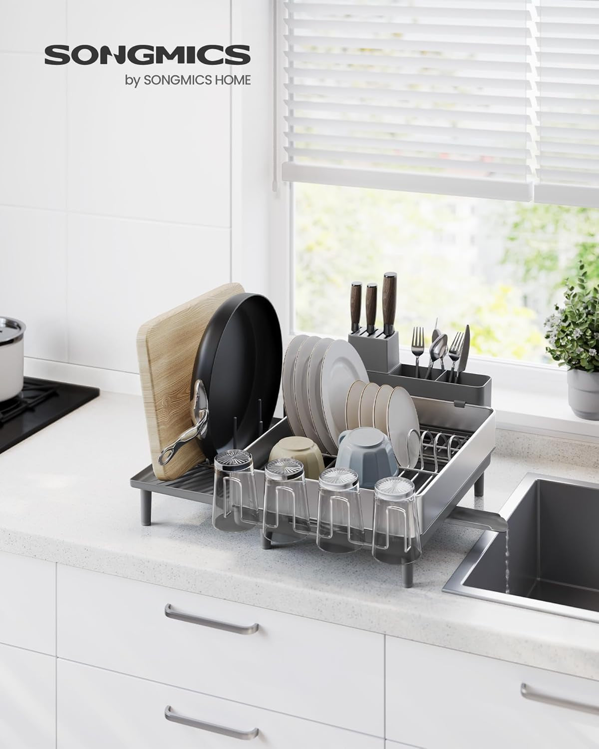 Large Dish Drying Rack, Expandable Dish Dryer for Kitchen Counter, Stainless Steel Dish Rack with Rotatable Spout, Utensil, Cup, Glass, Cutting Board, Pan Holders, Silver and Gray UKCS037G01
