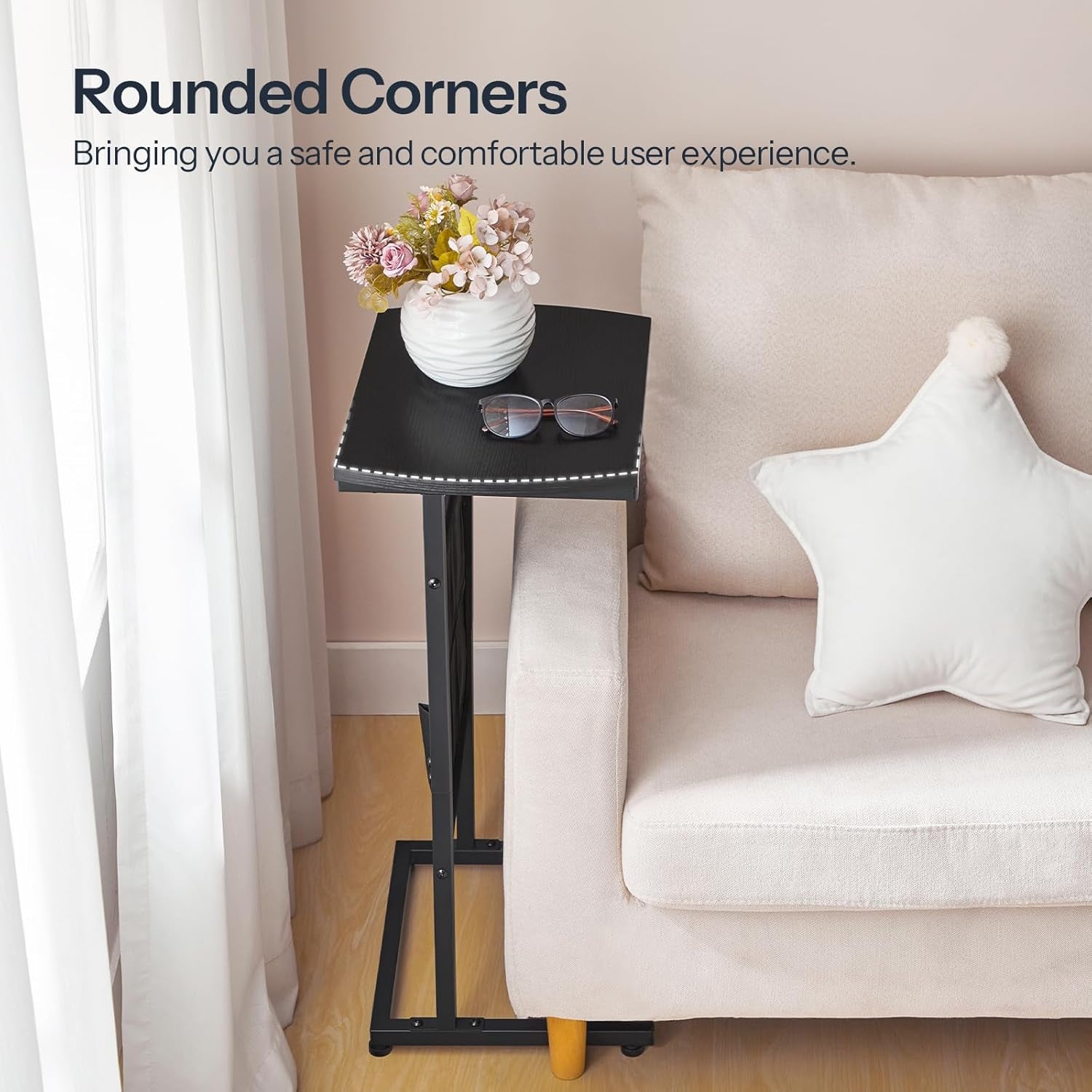 C Shaped End Table, 28.3" Side Table for Small Spaces, Couch Table with Storage Bag, Slide under Sofa Side Table, for Living Room, Bedroom, Black BB40SF01