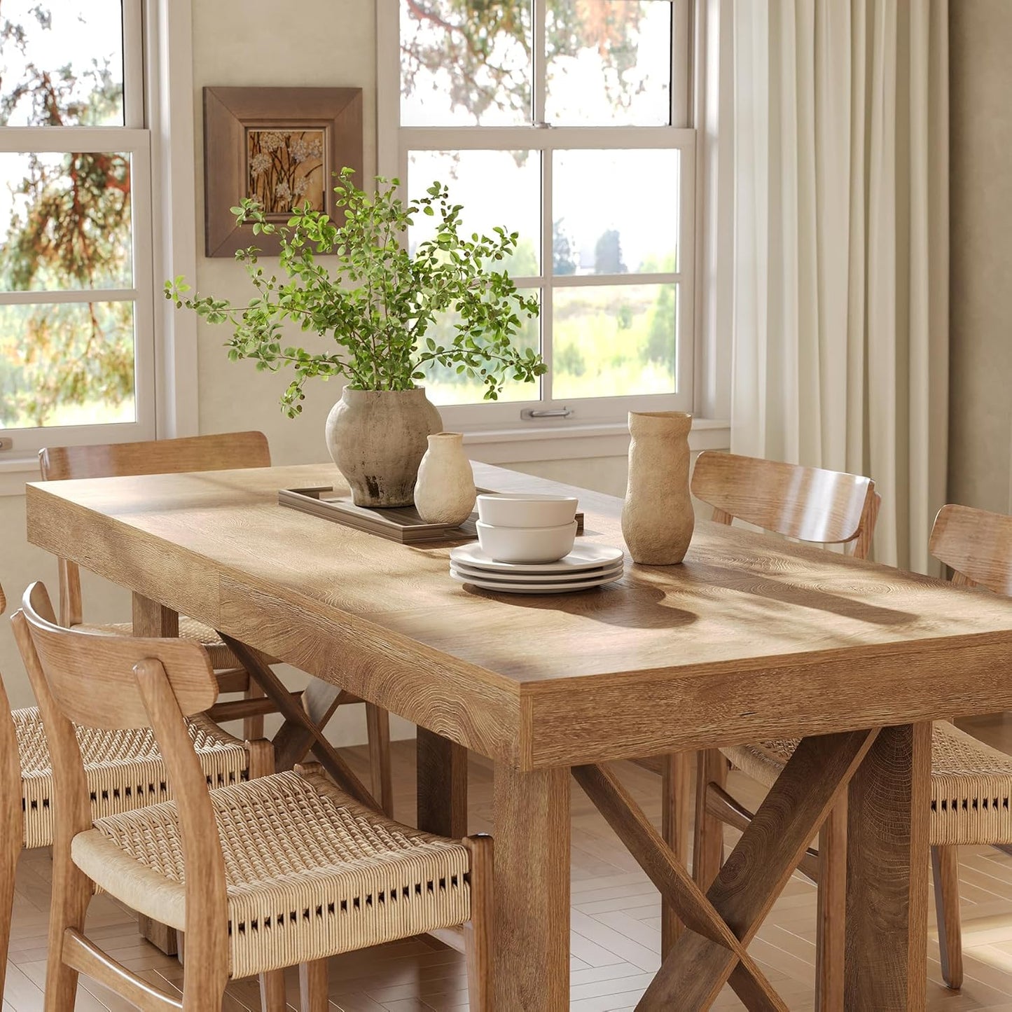 63-Inch Rectangle Dining Table for 4-6 People, Farmhouse Thick Appearance Design, Rectangular Kitchen Dinner Table for Home, Rustic Yellowish Brown