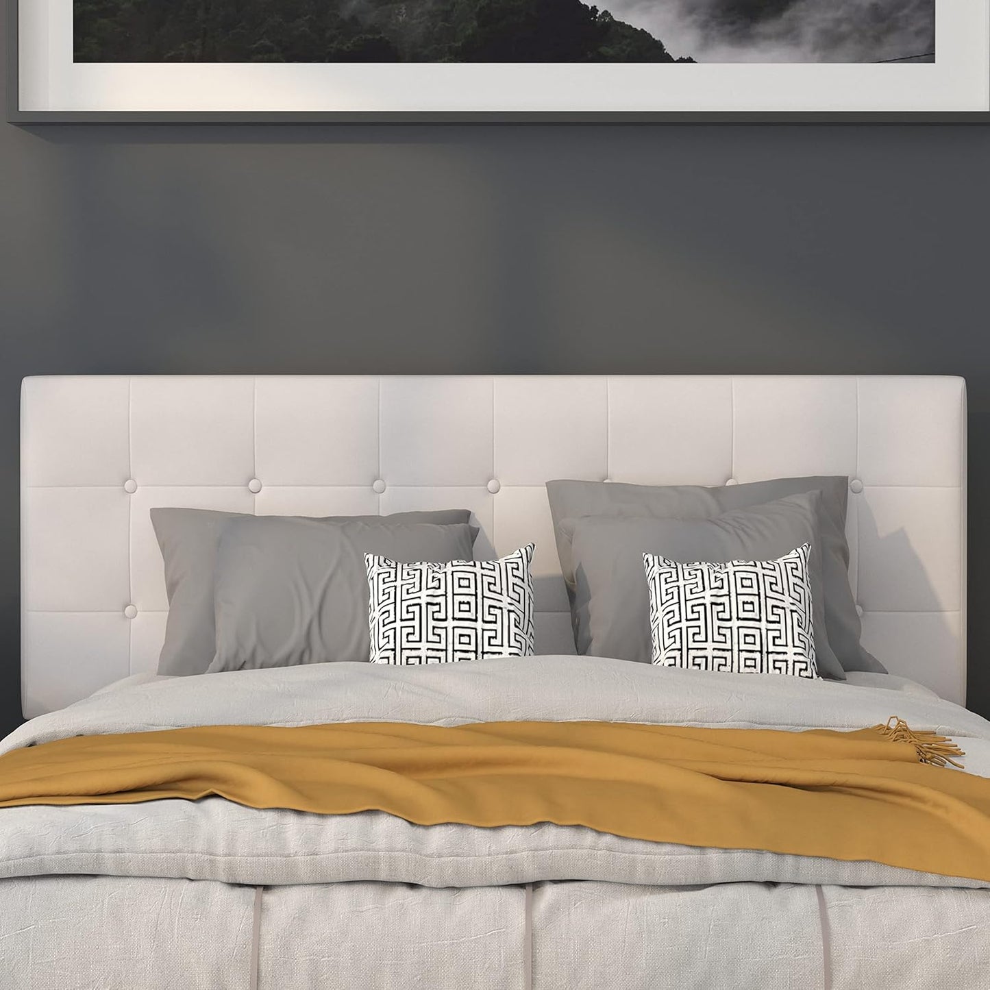 Lennox Tufted Upholstered Queen Size Headboard in White Vinyl