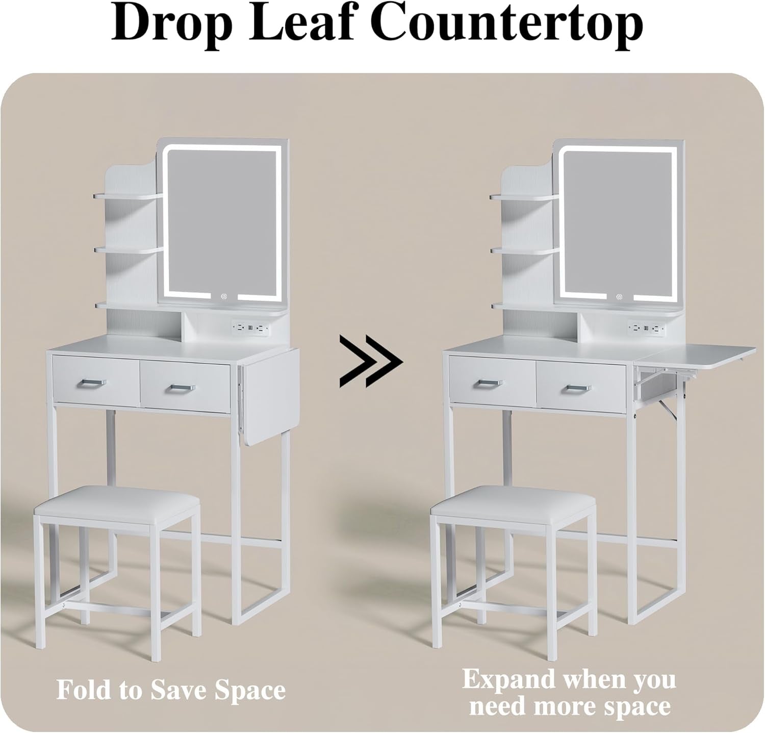 Makeup Vanity Desk with Mirror and Lights, Small Vanity with Fabric Storage Drawer & Chair & Shelves, White Vanity with Fold-Up Panel and Power Outlet for Bedroom