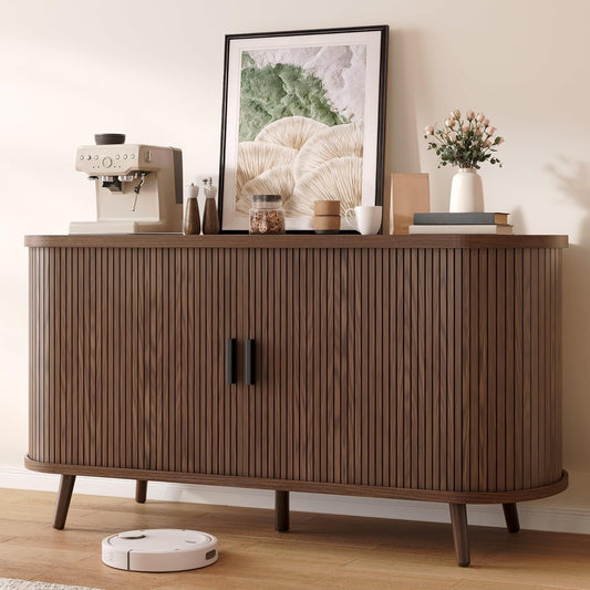 Fluted Sideboard Buffet Cabinet with Storage,54.3" Wide Curvy Edge Accent Storage with Sliding Door & Adjustable Shelf, Mid Century Modern Console for Living Room, Kitchen, Hallway-Walnut