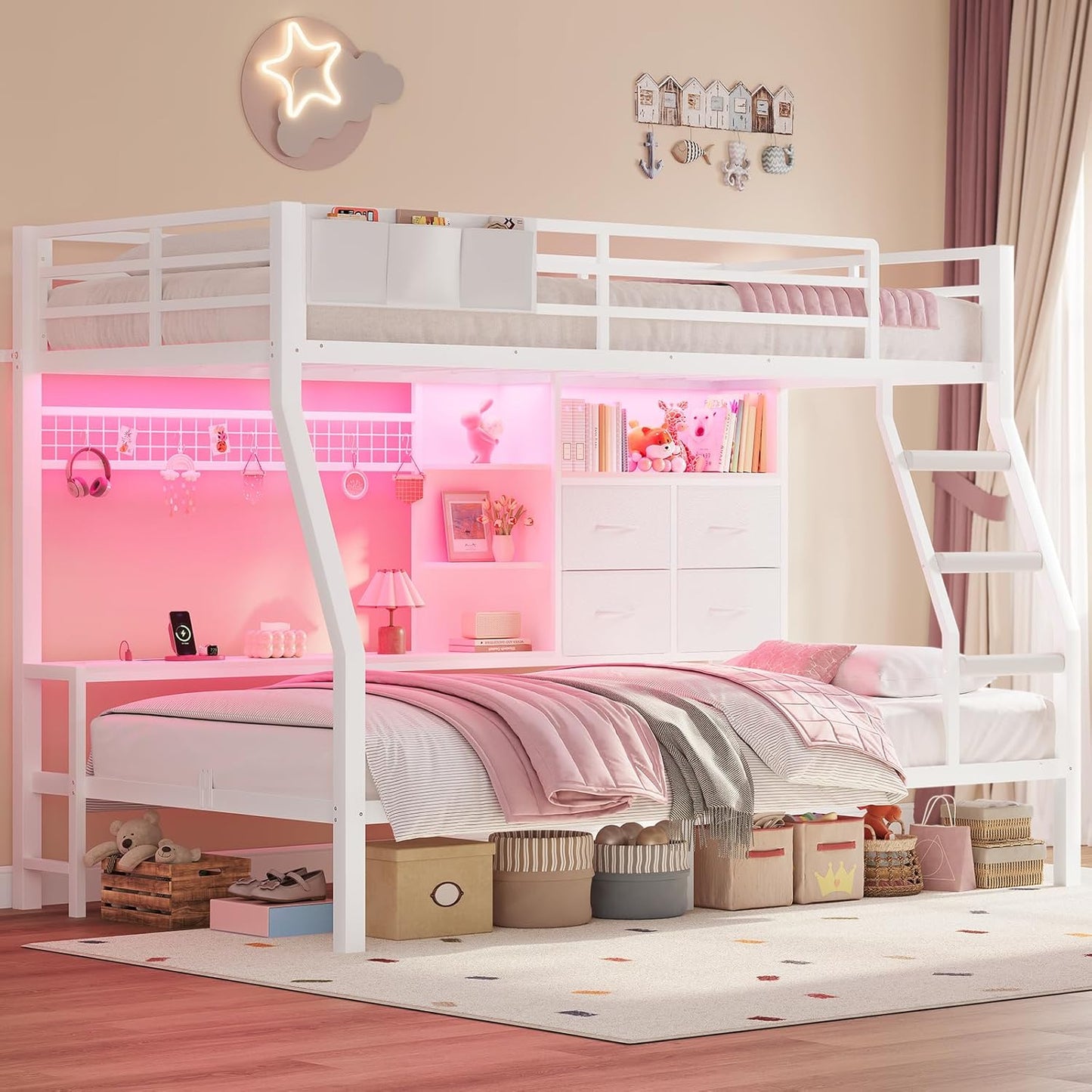 Bunk Bed Twin over Twin with 4 Storage Drawers & Shelves & Bedside Caddy, Twin Bunk Beds with Charging Station & Led Lights, Metal Bunk Bed with Safety Guardrail & Angled Ladder for Kids, White