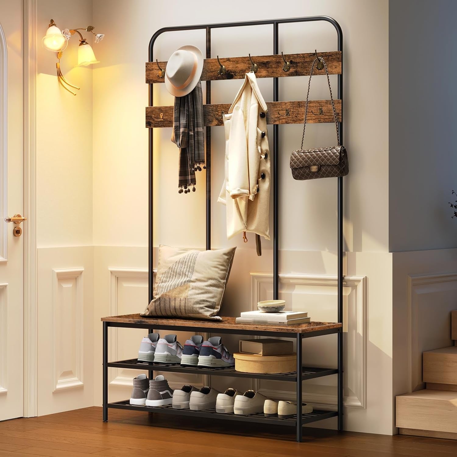 Hall Tree with Bench, Entryway Bench with Coat Rack, Mud Room Rack with 12 Double Hooks and Shoe Storage, Coat Tree, Shoe Rack Organizer, for Foyer, Front Door, Rustic Brown BF05MT01