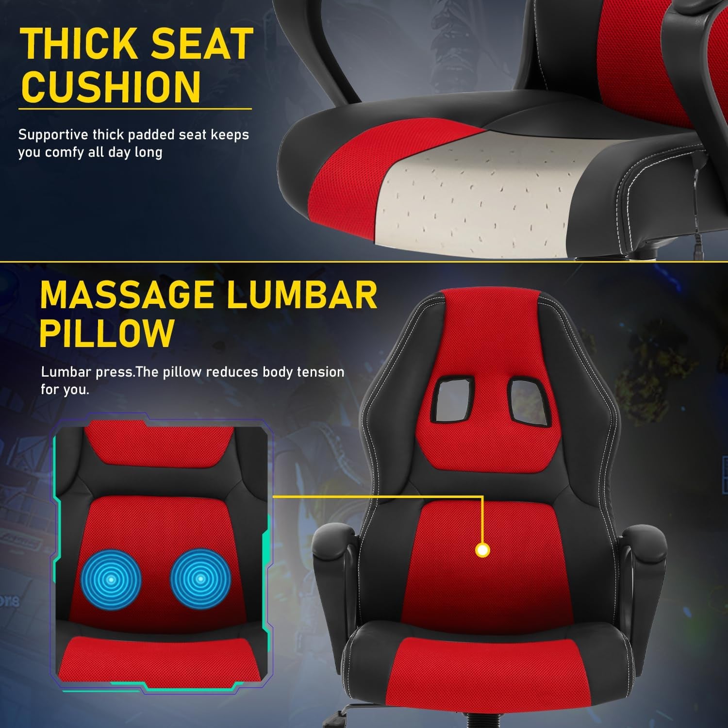 Video Game Chair, Gaming Chair Adjustable Swivel Office Chairs, Ergonomic Pu Leather PC Computer Chairs with Massage Lumbar Support 300Lbs Weight Capacity(Red)