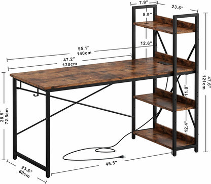 Computer Desk 55" with Power Outlet and Storage Shelves, Study Writing Table with USB Ports Charging Station, PC Desk Workstation for Home Office, Rustic Brown