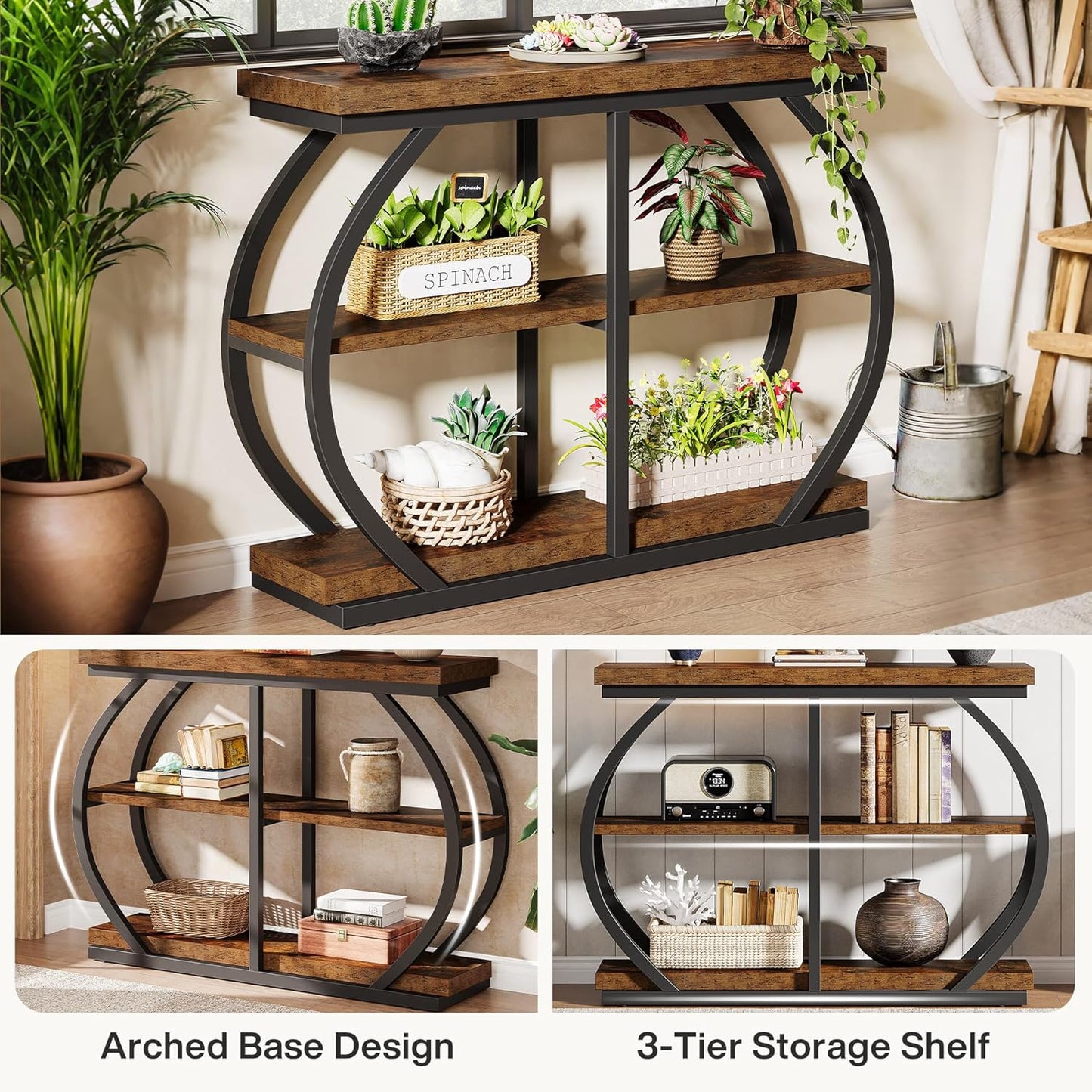41.3" Console Table, Industrial 3-Tier Entryway Table with Arched Metal Frame and Storage Shelves for Living Room, Hallway, Rustic Brown