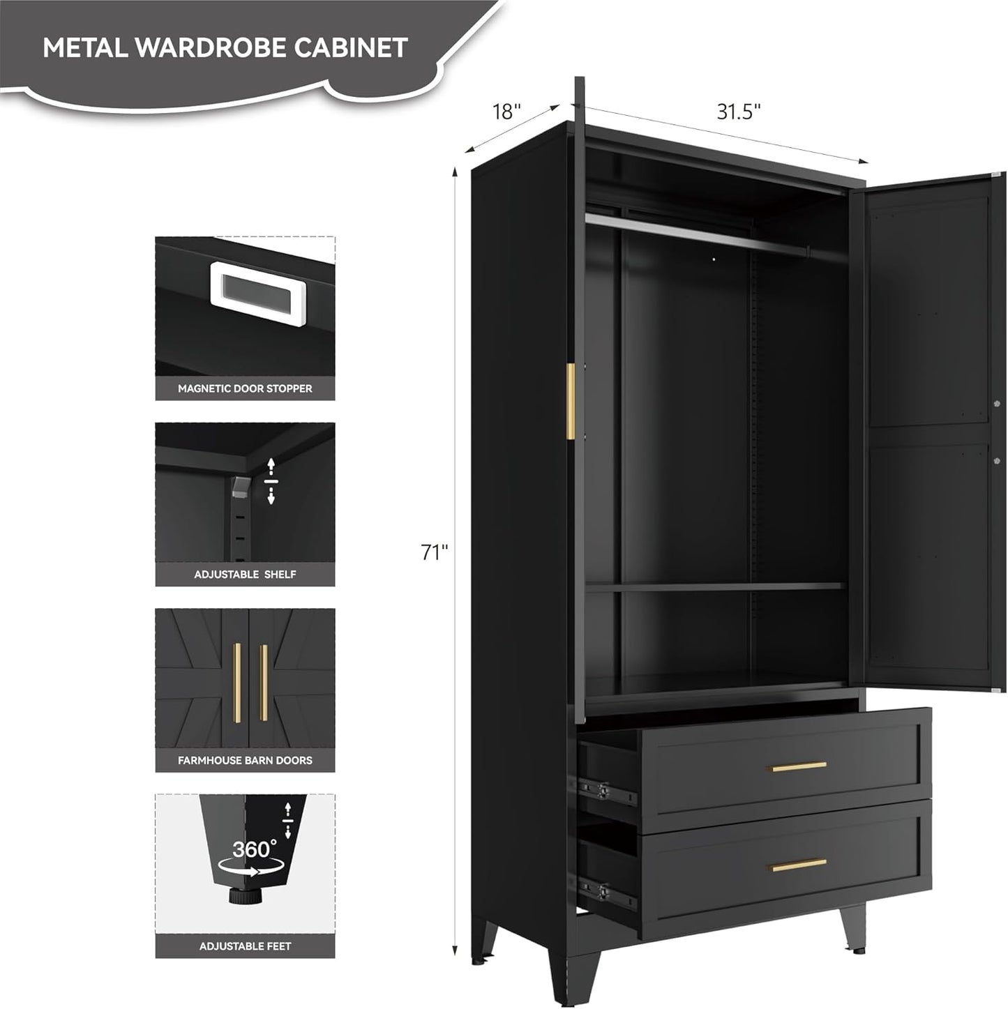 Black Metal Wardrobe Closet, Armoire Wardrobe with Two Drawers Clothes Cabinet for Bedroom, 71" Tall Farmhouse Steel Armoire Closet with Drawers and 2 Doors Clothing Storage Cabinet with Hanging Rod