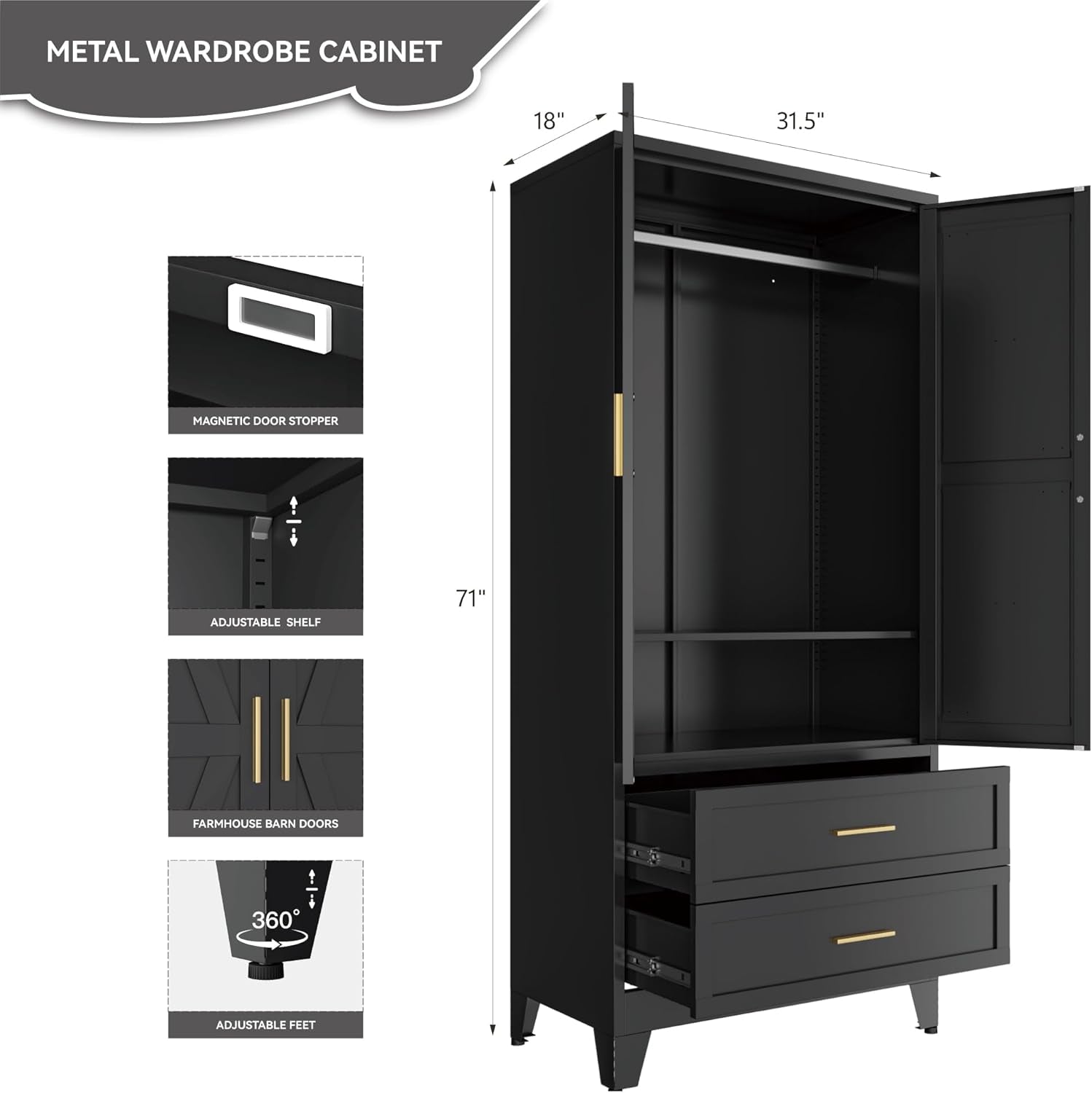 Black Metal Wardrobe Closet, Armoire Wardrobe with Two Drawers Clothes Cabinet for Bedroom, 71" Tall Farmhouse Steel Armoire Closet with Drawers and 2 Doors Clothing Storage Cabinet with Hanging Rod