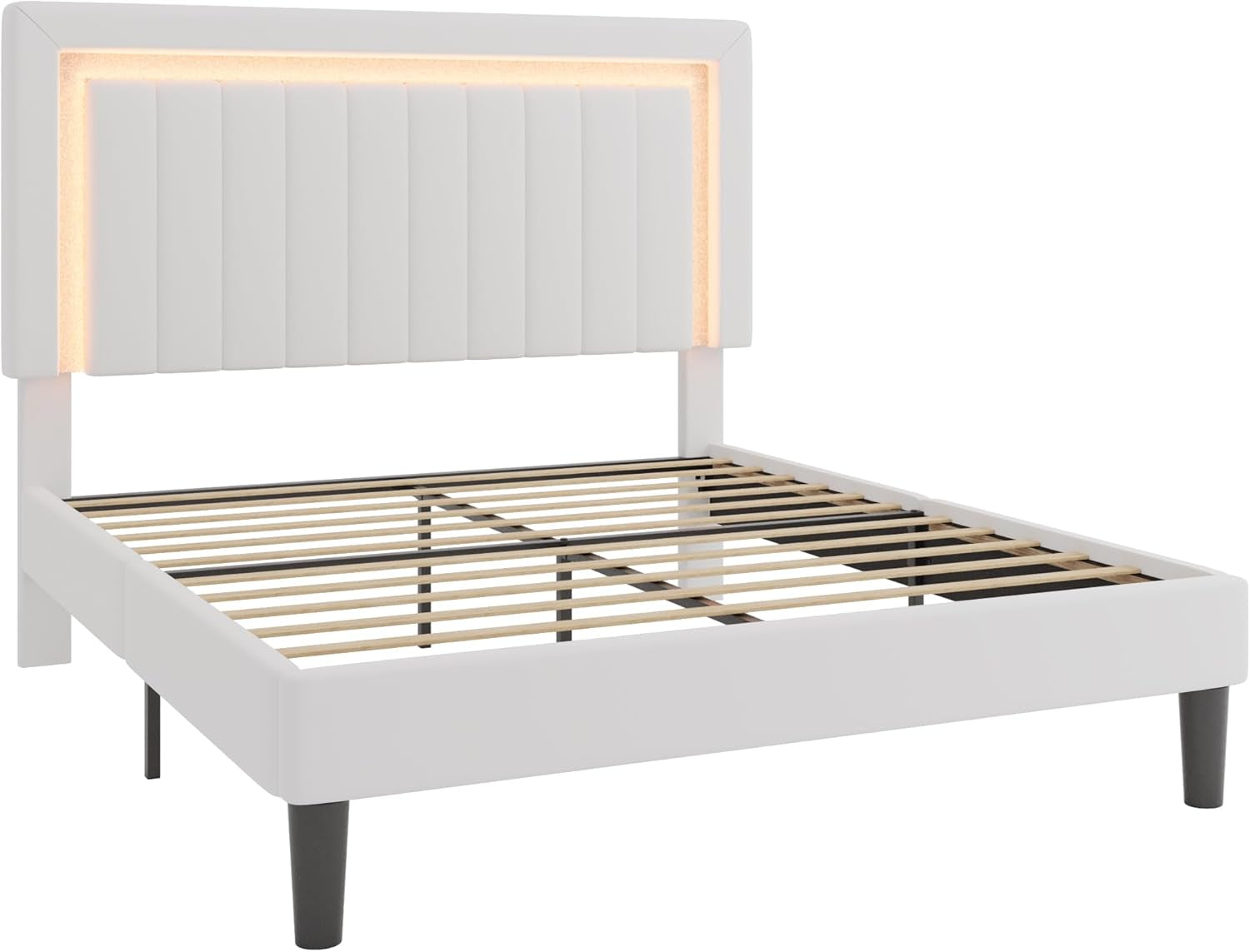Full Size Velvet Bed Frame with LED Light, Adjustable Vertical Channel Tufted Headboard, Strong Wooden Slats Support, Noise-Free, No Box Spring Needed, White