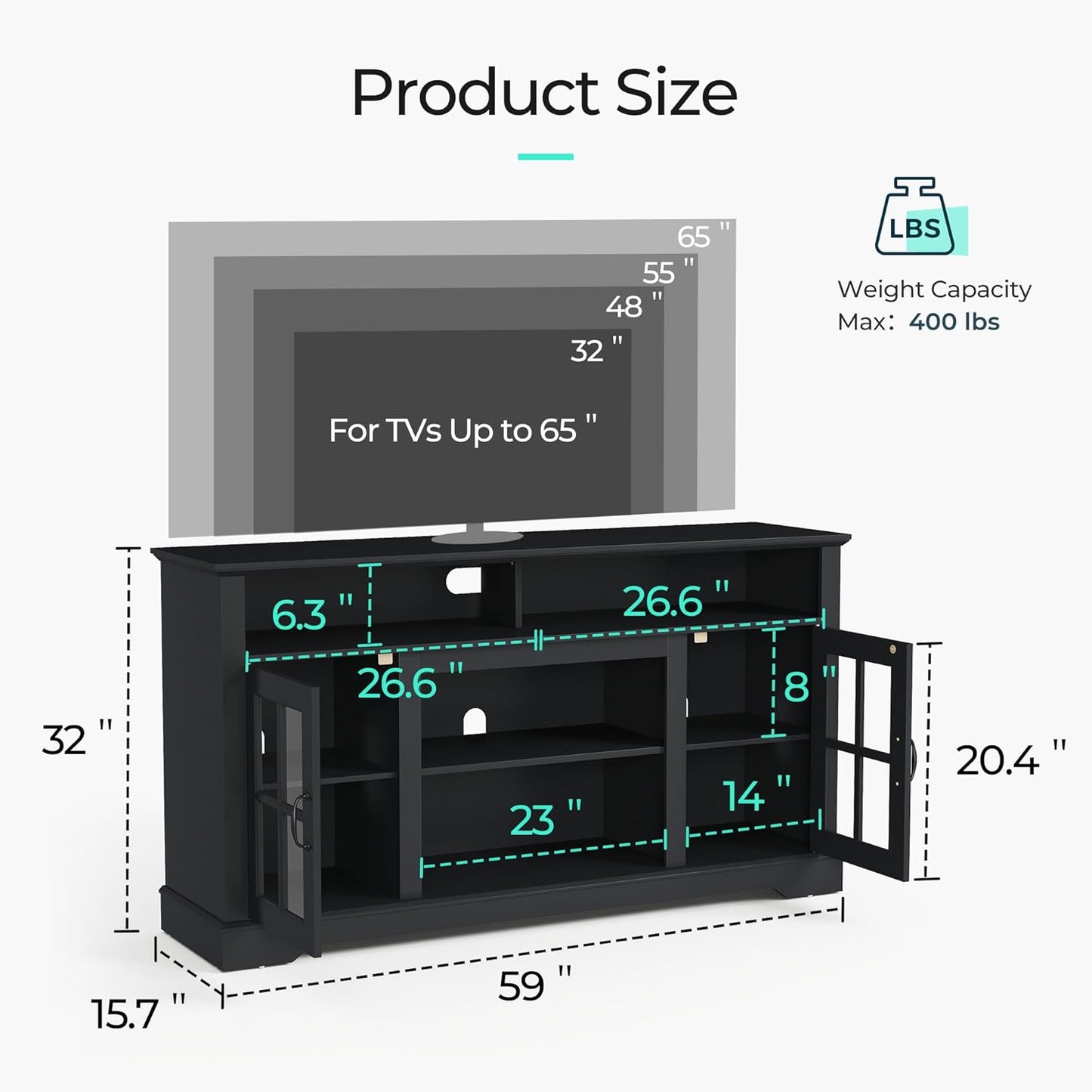 TV Stand for 65 Inch TV, 32" Tall Entertainment Center with LED Lights and Glass Door Storage Cabinet, Modern Farmhouse TV Media Console Table for Living Room, Black