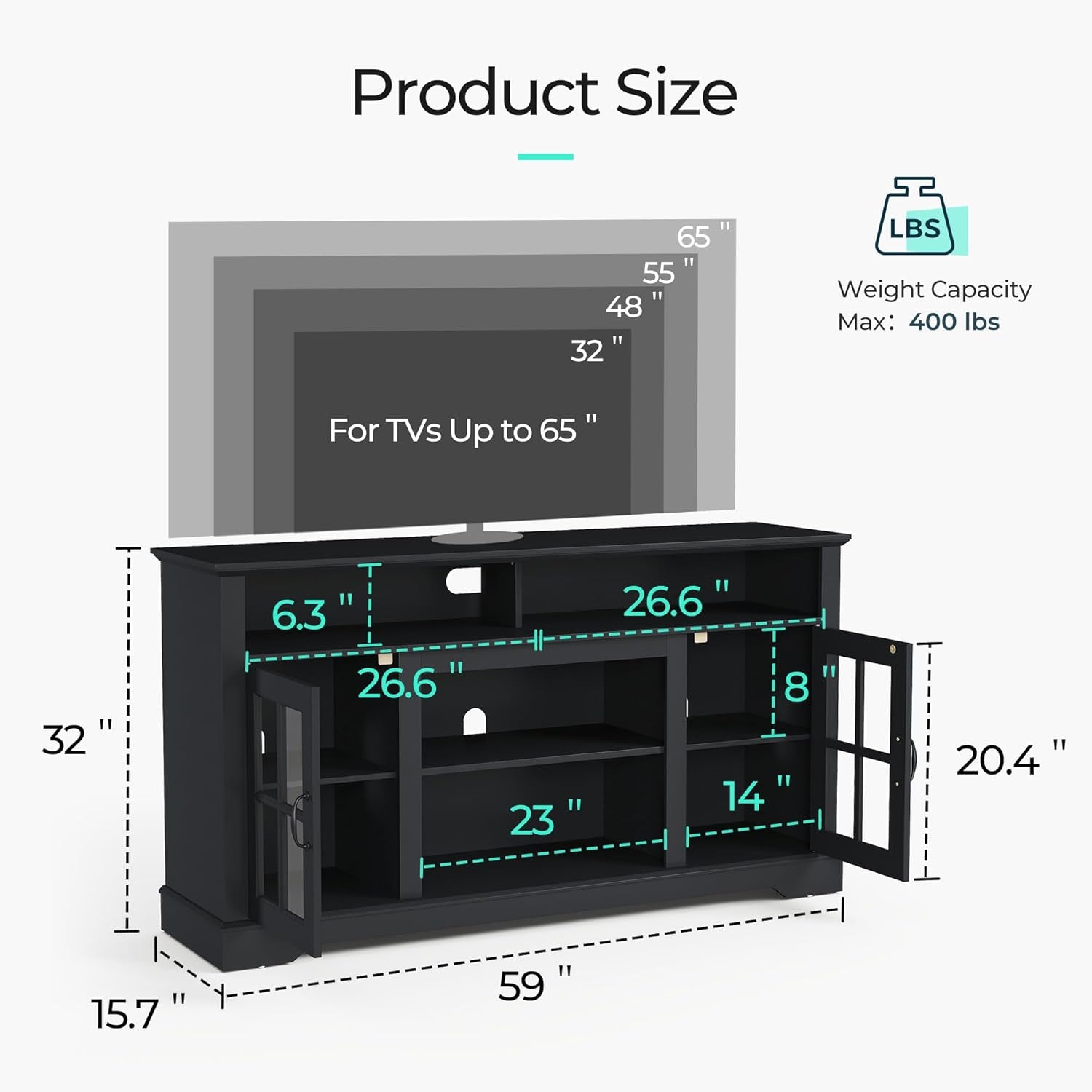 TV Stand for 65 Inch TV, 32" Tall Entertainment Center with LED Lights and Glass Door Storage Cabinet, Modern Farmhouse TV Media Console Table for Living Room, Black