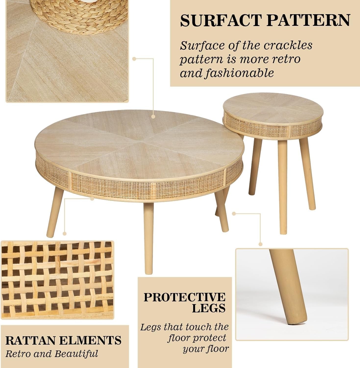 Farmhouse round Coffee Table, Rustic Sofa Side Tea Tables Nesting Center Table Set with Handmade Rattan for Living Room, French Country Decor, Natural, 2Pack