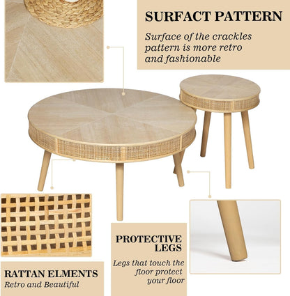 Farmhouse round Coffee Table, Rustic Sofa Side Tea Tables Nesting Center Table Set with Handmade Rattan for Living Room, French Country Decor, Natural, 2Pack