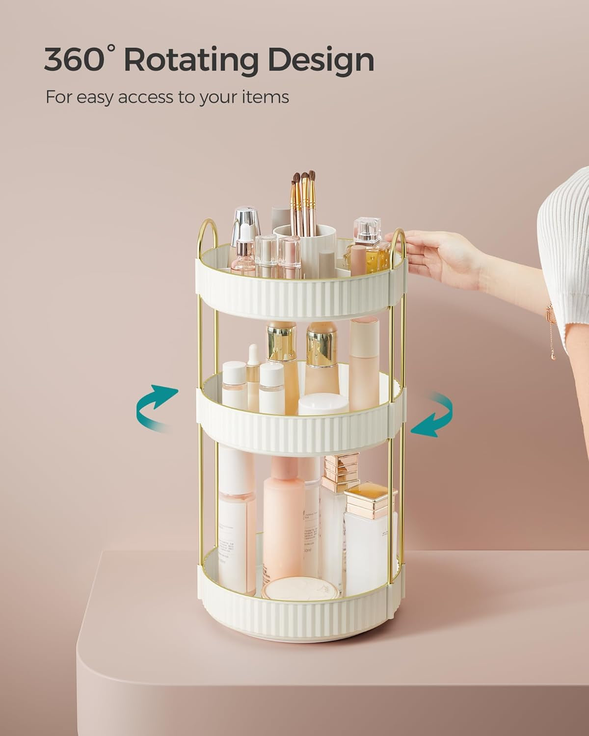 Makeup Organizer, 3-Tier round Rotating Skincare Organizer Countertop, Customizable, Toiletries Vanity Organizer, Lazy Susan, Gift, Cloud White UJKA011W01