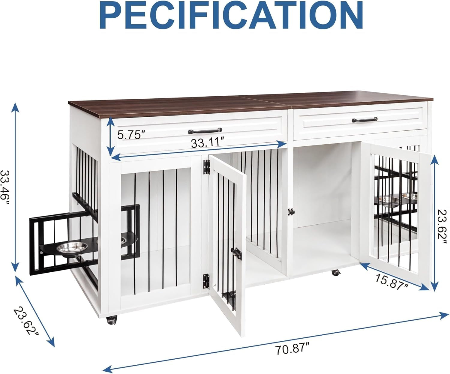 Double XL Dog Crate Furniture,Dog Crate Wooden Pet Kennel Cabinet with 2 Doors,Large Double Dog Kennel TV Stand with 360° Rotating Feeder & Wheels,Rolling Cage with 2 Storage Drawers,White+Walnut
