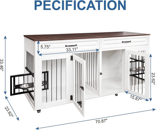 Double XL Dog Crate Furniture,Dog Crate Wooden Pet Kennel Cabinet with 2 Doors,Large Double Dog Kennel TV Stand with 360° Rotating Feeder & Wheels,Rolling Cage with 2 Storage Drawers,White+Walnut