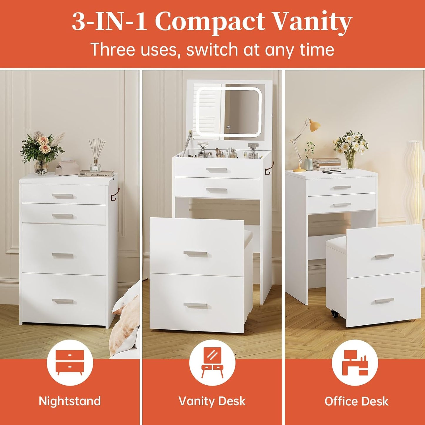 Compact Vanity with 3 Drawers, 3 in 1 Vanity Desk, Makeup Desk with Flip-Up 3 Colors Lighting Mirror and Cushioned Stool, Small Vanities Nightstand Perfect for Bedroom, White