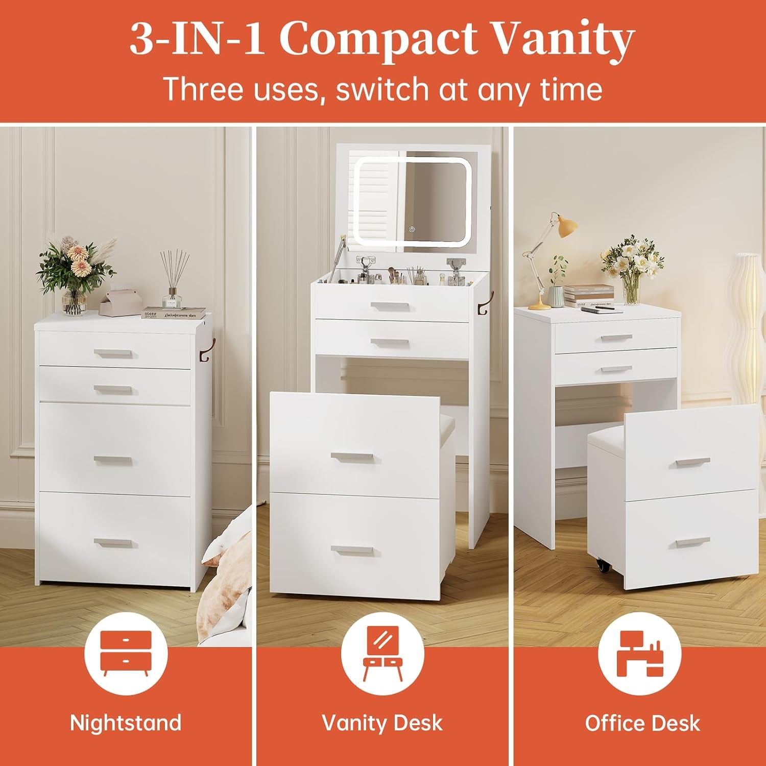 Compact Vanity with 3 Drawers, 3 in 1 Vanity Desk, Makeup Desk with Flip-Up 3 Colors Lighting Mirror and Cushioned Stool, Small Vanities Nightstand Perfect for Bedroom, White
