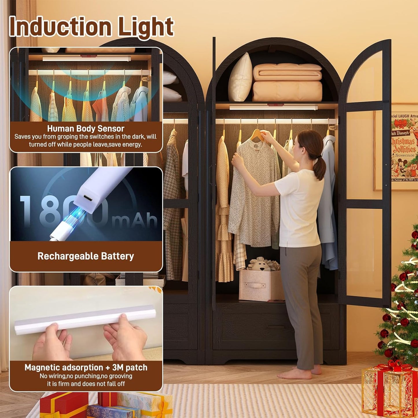 2 Doors Arched  W/Drawers,Led Light,Wooden Closet Wardrobe Cabinet with Hanging Rod for Bedroom,Modern Armoire Storage Cabinet W/Shelf,Black