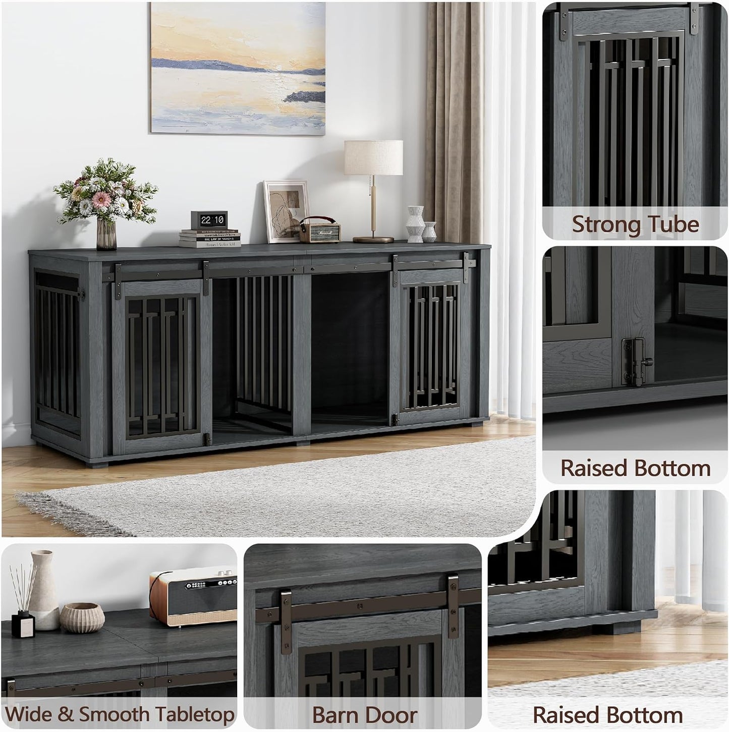 Large Dog Crate Furniture for 2 Dogs, Upgrade 71" Pro XXL Sliding Door Heavy Duty Dog Kennel Furniture with Divider, Steel Frame Indoor Double Dog Crate for Large Medium Small Dogs, Dark Black