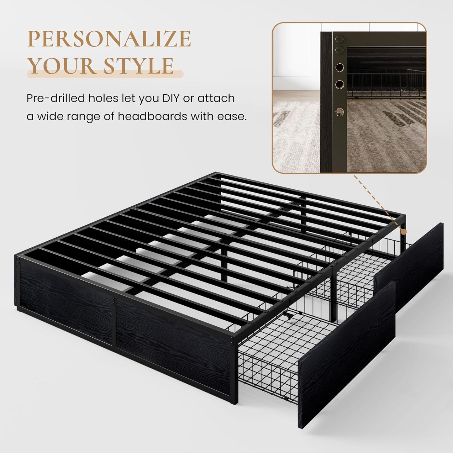 Queen Platform Bed Frame with 2 Large Storage Drawers, Rustic Wood and Metal, Noise-Free, Easy Assembly, No Box Spring Needed, Black
