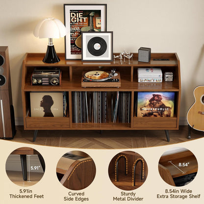 55 Inch Record Player Stand with LED Light, Modern Vinyl Record Storage Cabinet with 2 Drawers & Open Shelves, Holds up to 500 Albums, Turntable Stand W/Charging Station for Living Room Bedroom Walnut