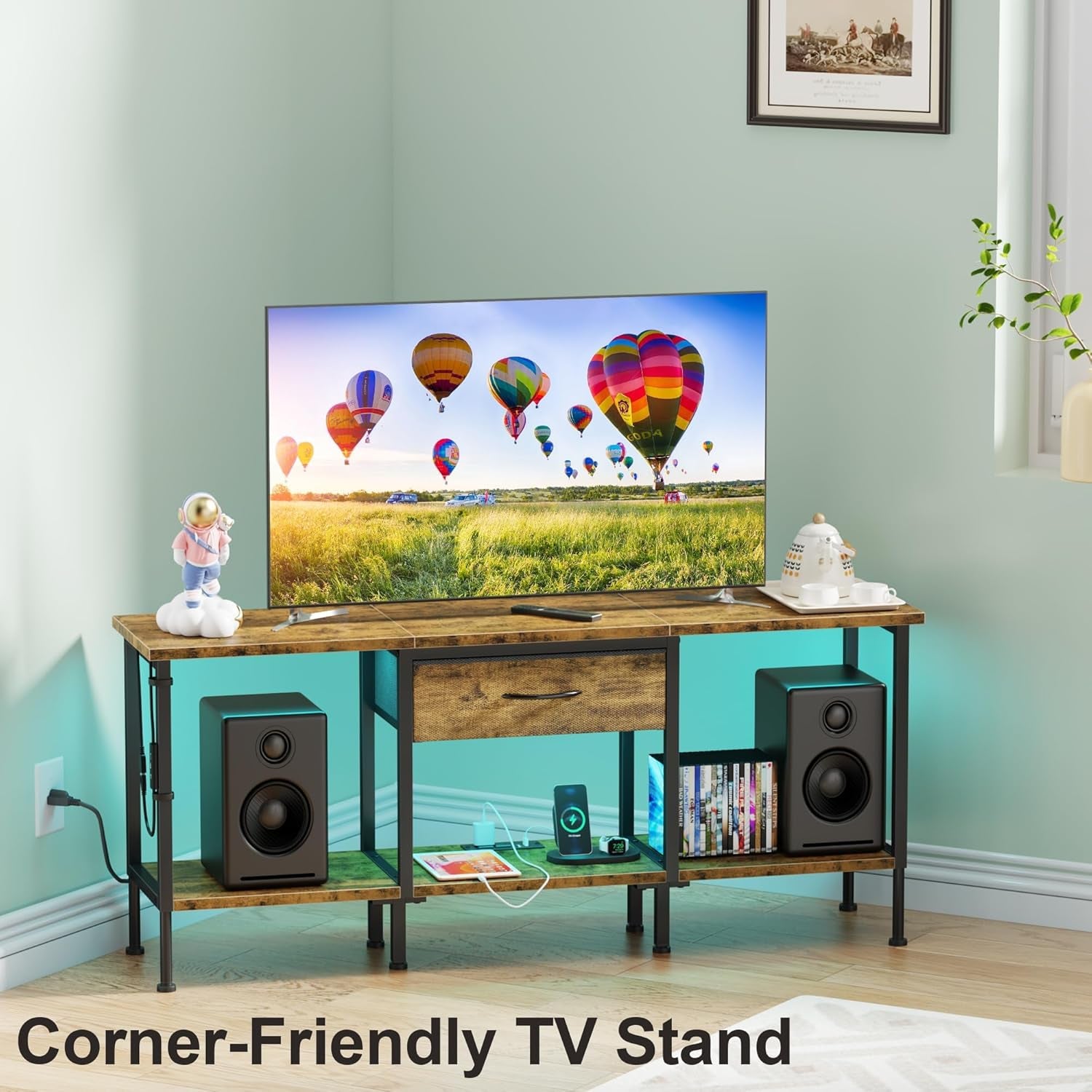 LED TV Stand with Power Outlet and Fabric Drawer for 55 50 45 Inches TV - Entertainment Center and Industrial TV Console Table for Living Room, Bedroom- 47" Rustic Brown