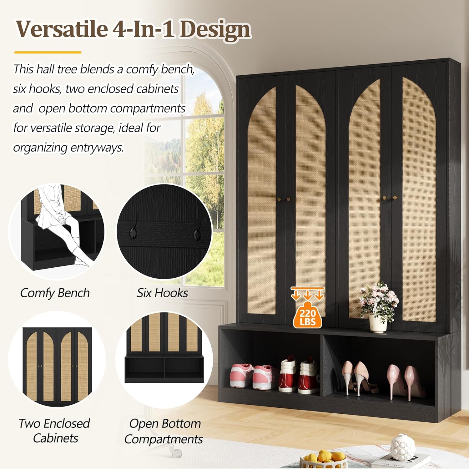 Farmhouse Hall Tree with 4 Rattan Doors & Bench - 55.1" Entryway Shoe Cabinet, 6 Hooks, Adjustable Shelf, Mid-Century Storage for Living Room, Black
