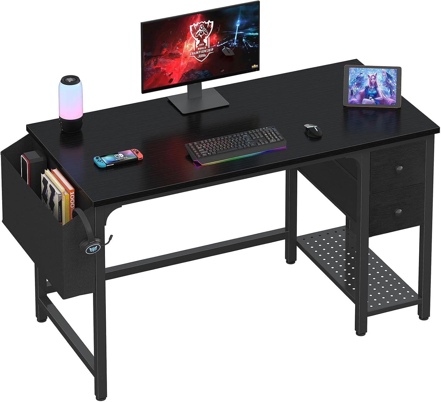 Gaming Desk with Fabric Drawers, 47 Inch Computer Desk for Home Office, Modern Simple Study Writing Table PC Desks for Bedroom, Black