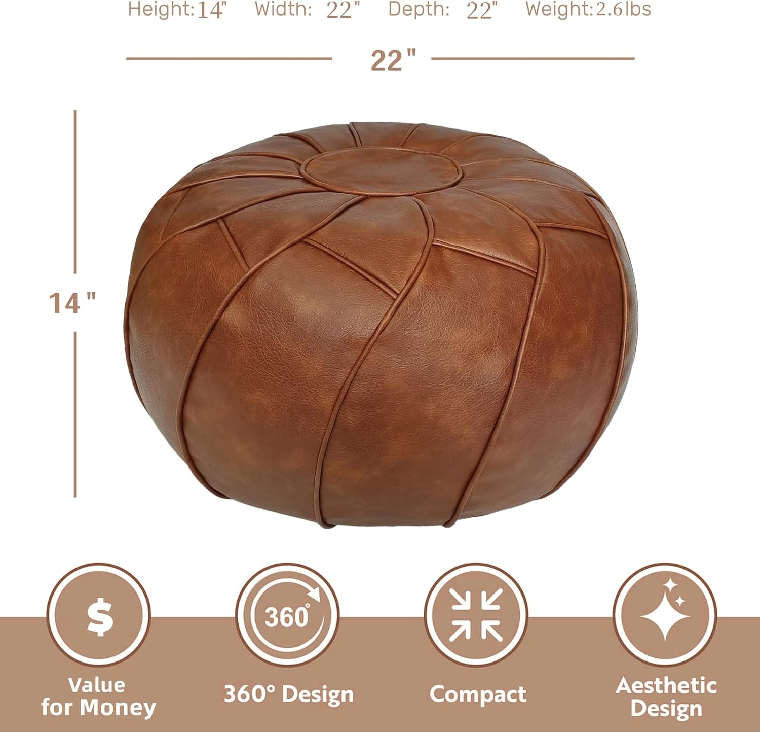 round Unstuffed Pouf Cover, Leather Foot Stool Ottoman with Storage, Bean Bag Floor Chair, Multi Functional Footrest for Living Room, Bedroom or Balcony (Brown)