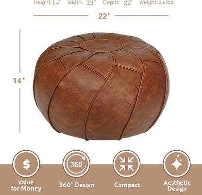 round Unstuffed Pouf Cover, Leather Foot Stool Ottoman with Storage, Bean Bag Floor Chair, Multi Functional Footrest for Living Room, Bedroom or Balcony (Brown)