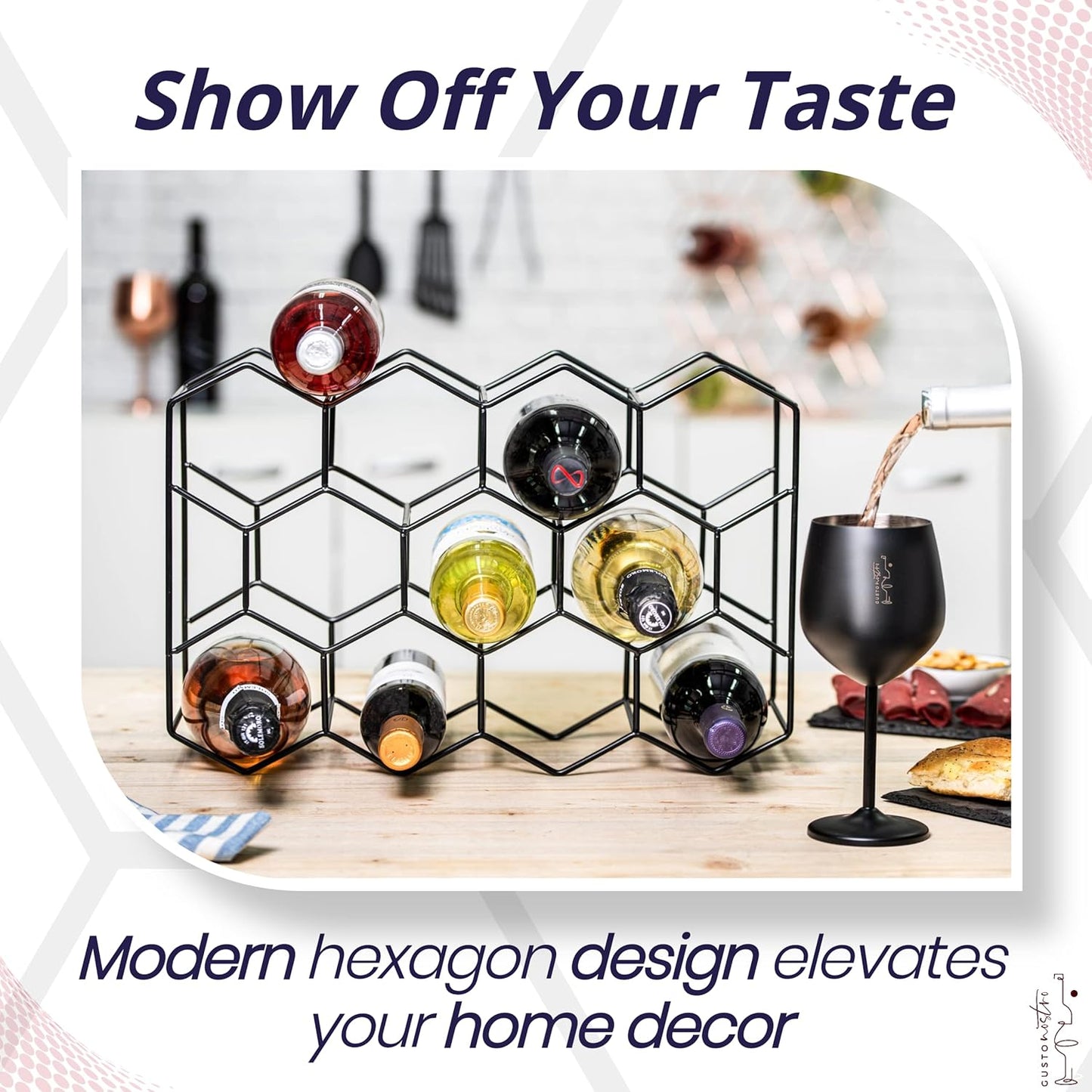 Countertop Wine Rack - 14 Bottle Freestanding Modern Black Metal Small - 3 Tier Tabletop Wine Holder Stand for Cabinet, Pantry - Wine Racks Countertop - No Assembly Required