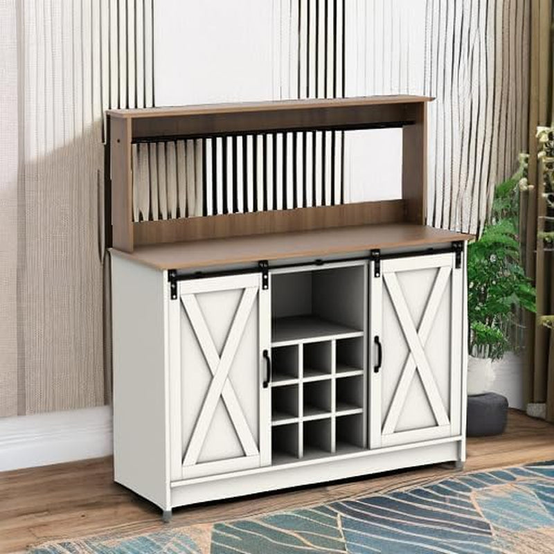 Farmhouse Coffee Bar Cabinet with Hutch, 47 Inch Buffet Cabinet with Storage, White Wine Bar with 9 Wine Racks and 6 Hooks, Coffee Bar Table with Adjustable Shelves for Living Dining Room