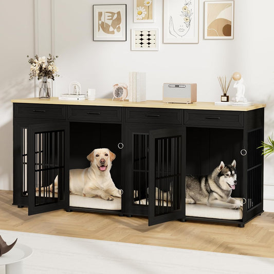 86.7 in Dog Crate Furniture for 2 Dogs, Extra Large Double Dog Cage Furniture TV Stand with Removable Divider, Wooden Dog Kennel Indoor, XXL Thick Dog Crate for Large Medium Dogs, Black/Natural