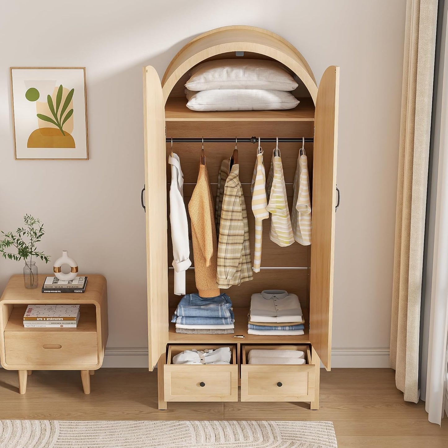 Wardrobe Closet, Armoire Wardrobe Closet with Drawers and 2 Arched Fluted Doors, 70.87‘’ Tall Wooden Bedroom Armoires with Shelves and Hanging Rod (1, Wood Color)