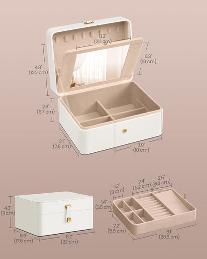 Jewelry Box Organizer with Mirror, 2-Layer Jewelry Holder Case, Removable Tray, 6.9 X 8.7 X 4.3 Inches, Earring Necklace Storage, Gift Idea, Cloud White UJBC200W01
