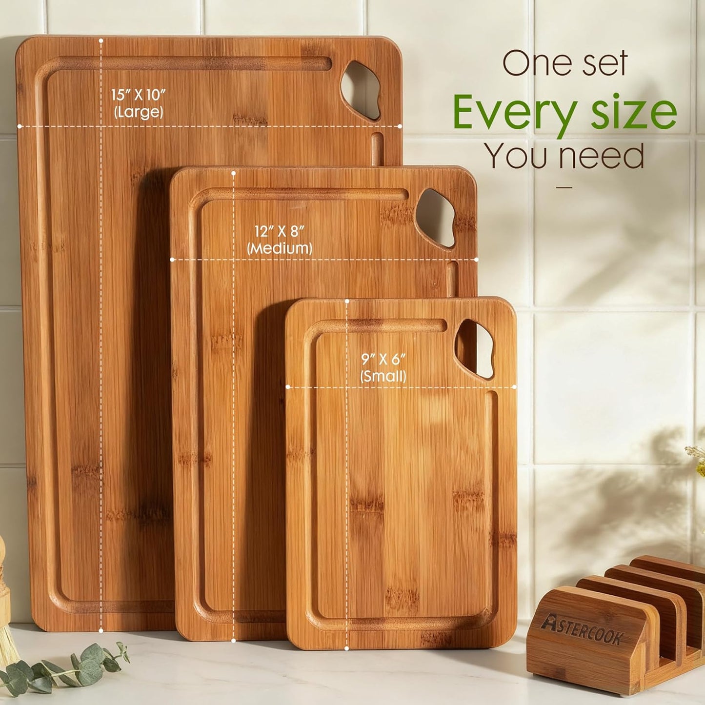Deep-Carbonized Bamboo Cutting Boards for Kitchen with Wood Storage Stand, Reversible Charcuterie & Chopping Boards with Juice Grooves and Easy-Grip Handles, Knife-Friendly, Kitchen Gift