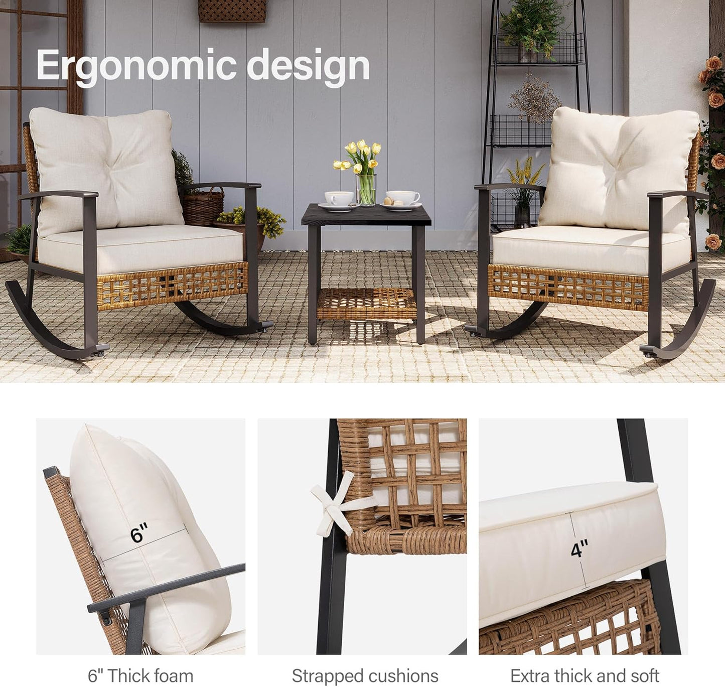 3-Piece Rocking Bistro Set, Outdoor Patio Furniture with Thick Cushions and 2-Tier Coffee Table, Oversize Rattan Conversation Set for Garden, Balcony, Backyard (Beige)