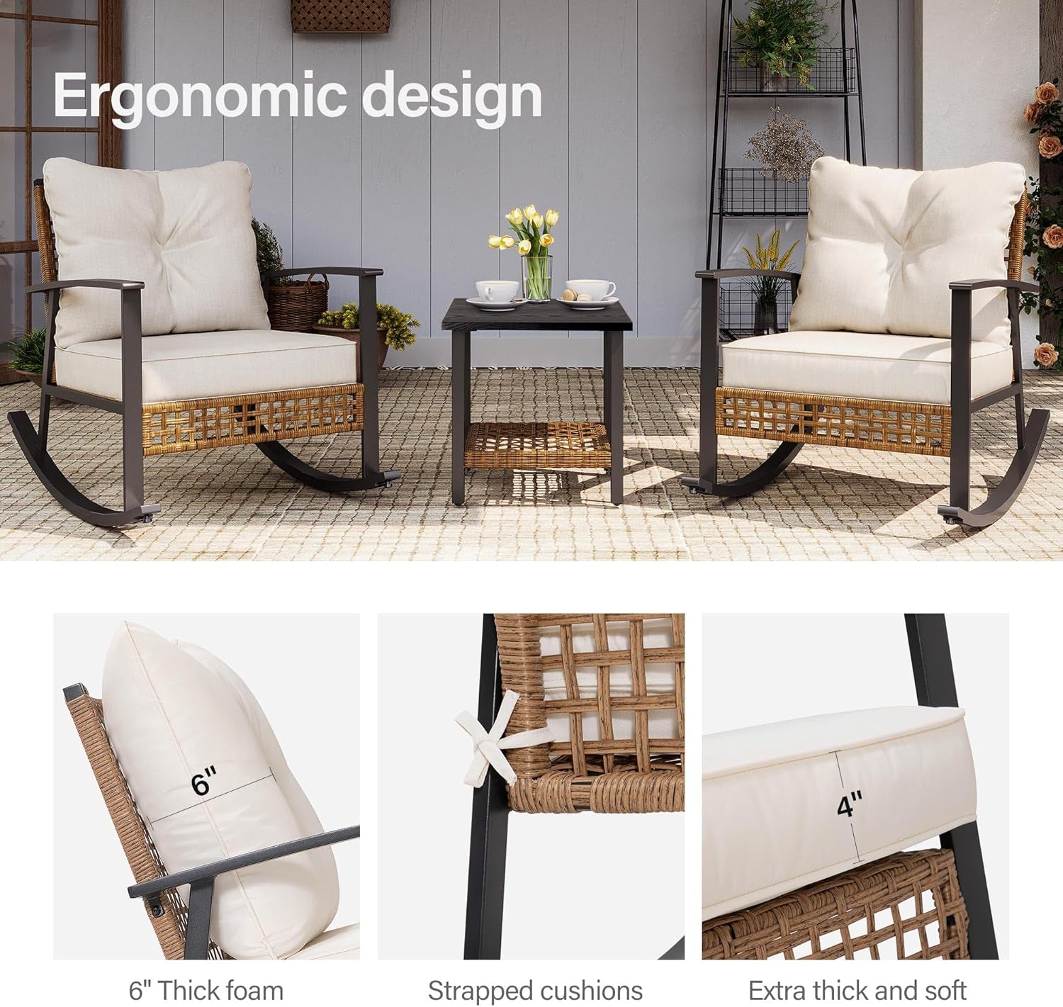 3-Piece Rocking Bistro Set, Outdoor Patio Furniture with Thick Cushions and 2-Tier Coffee Table, Oversize Rattan Conversation Set for Garden, Balcony, Backyard (Beige)