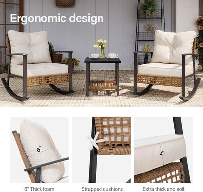 3-Piece Rocking Bistro Set, Outdoor Patio Furniture with Thick Cushions and 2-Tier Coffee Table, Oversize Rattan Conversation Set for Garden, Balcony, Backyard (Beige)
