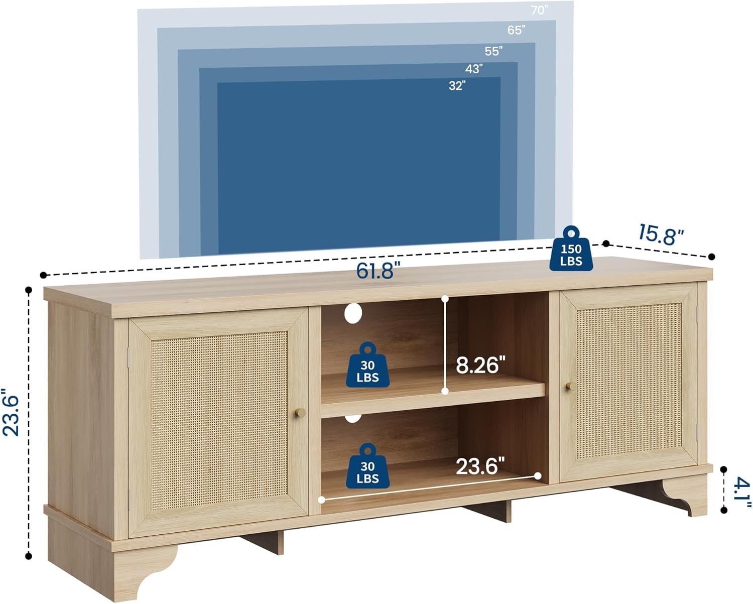 Rattan TV Stand for Living Room, Boho Entertainment Center for 55, 65, 70 Inch TV, Wooden Console Cabinet with Storage and Shelf, Natural Oak