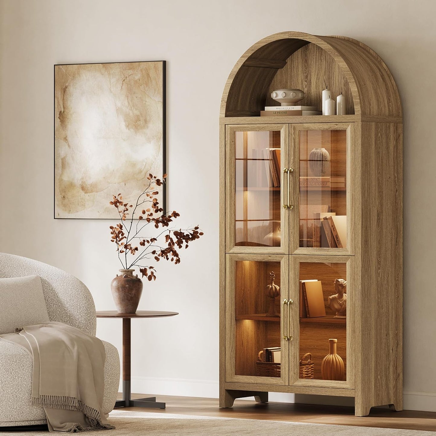 74" Display Cabinet with Glass Doors - Modern 5-Tier Arched Bookcase with Rechargeable 3-Color LED Lights & Motion Sensor, Large Pantry Cabinet for Kitchen, Living Room, Home Office, Brown Oak